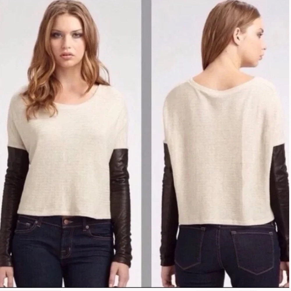 Elizabeth & James - beautiful real leather sleeve light beige sweater size small